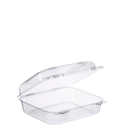 Dart® StayLock Clear Hinged Lid Containers, 7.8 x 8.3 x 3, Clear, Plastic, 125/Bag, 2 Bags/Carton Takeout Food Containers - Office Ready