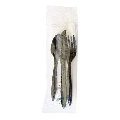 Boardwalk® Six-Piece Cutlery Kit, Fork/Knife/Napkin/Pepper/Salt/Spoon, Black, 250/Carton Disposable Dining Utensil Combos - Office Ready