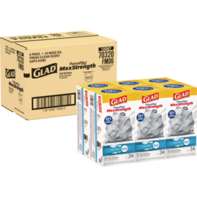Glad® ForceFlex MaxStrength Tall Kitchen Drawstring Trash Bags, 13 gal, Fresh Clean Scent, 24 x 28, White, 34/Box, 6 Boxes/Carton Tall Kitchen Trash Bags - Office Ready