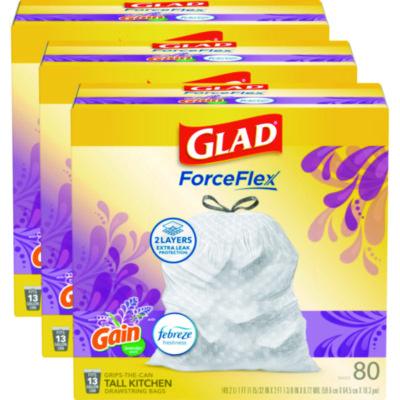 Glad® ForceFlex™ Kitchen Drawstring Trash Bags, 13 gal, Gain Lavender Scent, 24 x 27.38, White, 80 Bags/Box, 3 Boxes/Carton Tall Kitchen Trash Bags - Office Ready