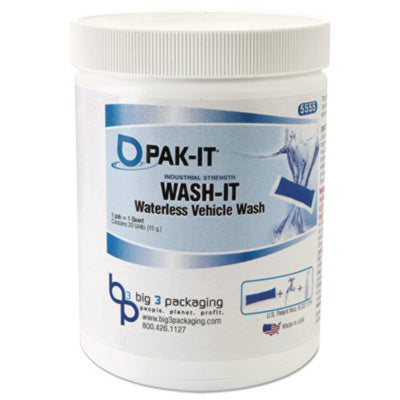 PAK-IT® Wash It Waterless Vehicle Wash, Breezy Scent, 20 Water-Soluble Packets/Jar, 12/Carton Multipurpose Cleaners - Office Ready