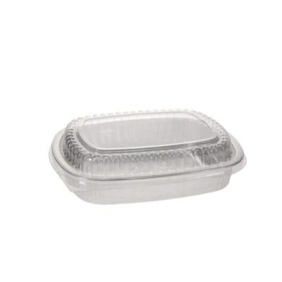 Pactiv Evergreen Classic Carry-Out® Container with PET Dome Lid, 46 oz, 9.8 x 7.8 x 1.3, Silver/Clear, Aluminum, 50/Carton Takeout Food Containers - Office Ready