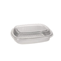 Pactiv Evergreen Classic Carry-Out® Container with PET Dome Lid, 46 oz, 9.8 x 7.8 x 1.3, Silver/Clear, Aluminum, 50/Carton Takeout Food Containers - Office Ready