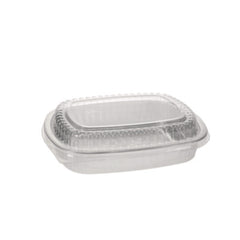 Pactiv Evergreen Classic Carry-Out® Container with PET Dome Lid, 46 oz, 9.8 x 7.8 x 1.3, Silver/Clear, Aluminum, 50/Carton