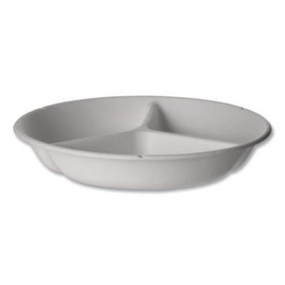 Eco-Products® Vanguard Renewable and Compostable Sugarcane Containers, 3-Compartment Bowl, 28 oz, White, 400/Carton Takeout Food Containers - Office Ready