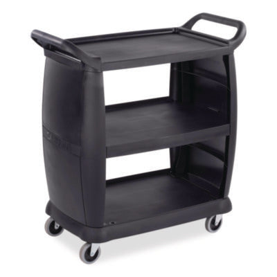 Boardwalk® Bussing Cart, Plastic, 3 Shelves, 300 lb Capacity, 18 x 36.25 x 38, Black Food Service Carts - Office Ready