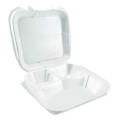 Plastifar Foam Hinged Lid Containers, 3-Compartment, 9 x 10 x 3, White, Foam, 200/Carton Takeout Food Containers - Office Ready