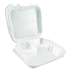 Plastifar Foam Hinged Lid Containers, 3-Compartment, 9 x 10 x 3, White, Foam, 200/Carton