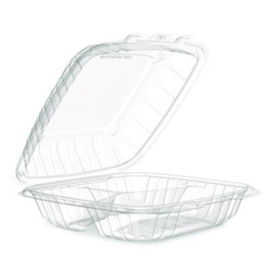 Dart® Microwaveable Hinged Containers, ProPlanet, 3 Compartments, 9 x 8.75 x 3, Clear, Plastic,150/Carton Takeout Food Containers - Office Ready