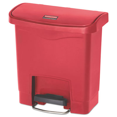 Rubbermaid® Commercial Slim Jim Streamline Resin Step-On Container, Front Step Style, 4 gal, Polyethylene, Red Indoor All-Purpose Waste Bins - Office Ready