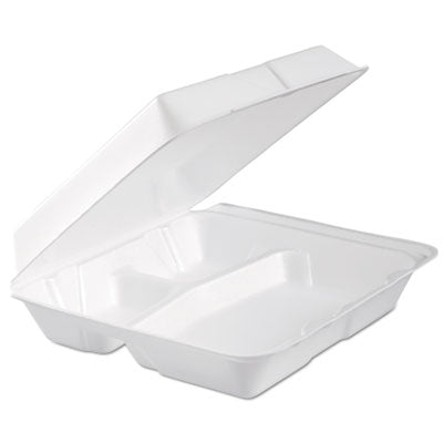 Dart® Foam Hinged Lid Containers, 3 Compartments, 9.3 x 9.5 x 3, White, 100/Bag, 2 Bag/Carton Takeout Food Containers - Office Ready