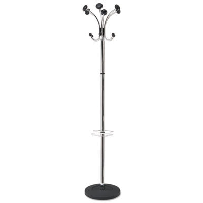 Alba™ Chromy Coat Stand, 12 Knobs, 16w x 16d x 70.5h, Chrome/Black Garment Trees & Stands - Office Ready