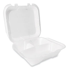 Plastifar Foam Hinged Lid Containers, Secure Two Tab Latch, Poly Bag, 3-Compartment, 9 x 9 x 3, White, 100/Bag, 2 Bags/Carton