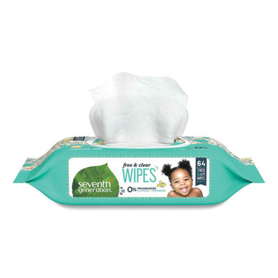 Seventh Generation® Free & Clear Baby Wipes, 7 x 7, Unscented, White, 64/Flip Top Pack, 12 Packs/Carton Hand/Body Wet Wipes - Office Ready