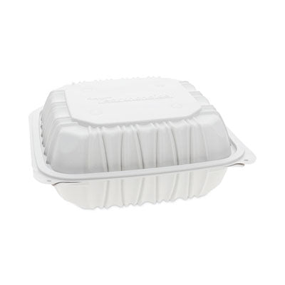 Pactiv Evergreen EarthChoice® Vented Microwavable MFPP Hinged Lid Container, 8.5 x 8.5 x 3.1, White, Plastic, 146/Carton Takeout Food Containers - Office Ready