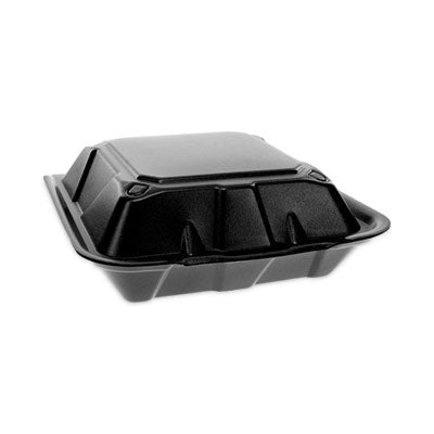 Pactiv Evergreen Vented Foam Hinged Lid Container, Dual Tab Lock, 9 x 9 x 3.25, Black, 150/Carton Takeout Food Containers - Office Ready