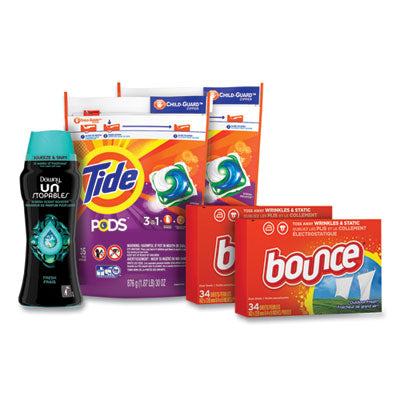 Tide® Better Together Laundry Care Bundle, (2) Bags Tide Pods, (2) Boxes Bounce Dryer Sheets, (1) Bottle Downy Unstopables Laundry Detergents - Office Ready