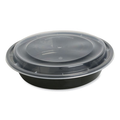 GEN Microwavable Food Container with Lid, Round, 48 oz, 8.85 x 8.85 x 2.24, Black/Clear, Plastic, 150/Carton Takeout Food Containers - Office Ready