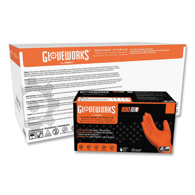 GloveWorks® by AMMEX® Heavy-Duty Industrial Nitrile Gloves, Powder-Free, 8 mil, Small, Orange, 100 Gloves/Box, 10 Boxes/Carton Disposable Work Gloves, Nitrile - Office Ready