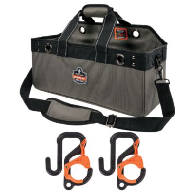 ergodyne® Arsenal 5846 Bucket Truck Tool Bag with Locking Aerial Bucket Hooks Kit, Locking Aerial Bucket Hooks, 11 Compartments/5 Grommets, 18x7.5x7.5, Gray Hand Tool Organizer Bags/Pouches - Office Ready