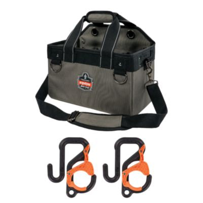 ergodyne® Arsenal 5846 Bucket Truck Tool Bag with Locking Aerial Bucket Hooks Kit, Locking Aerial Bucket Hooks, 8 Compartments/2 Grommet, 13 x 7.5 x 7.5, Gray Hand Tool Organizer Bags/Pouches - Office Ready