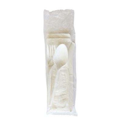 Boardwalk® Four-Piece Cutlery Kit, Mediumweight, Fork/Knife/Napkin/Spoon, Plastic, White, 250/Carton Disposable Dining Utensil Combos - Office Ready
