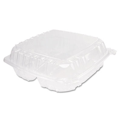 Dart® ClearSeal® Hinged-Lid Plastic Containers, 3-Compartment, 9.4 x 8.9 x 3, Plastic, 100/Bag, 2 Bags/Carton Takeout Food Containers - Office Ready