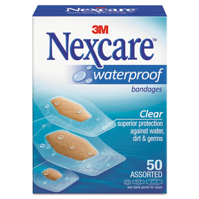 3M Nexcare™ Waterproof Bandages, Clear Bandages, Assorted Sizes, 50/Box Bandages-Water-Proof Self-Adhesive Strip - Office Ready