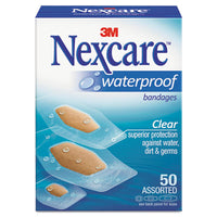 3M Nexcare™ Waterproof Bandages, Clear Bandages, Assorted Sizes, 50/Box Bandages-Water-Proof Self-Adhesive Strip - Office Ready