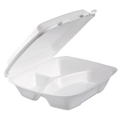 Dart® Foam Hinged Lid Containers, Performer Perforated Lid, 3-Compartment, 9 x 9.4 x 3, White, 100/Bag, 2 Bag/Carton