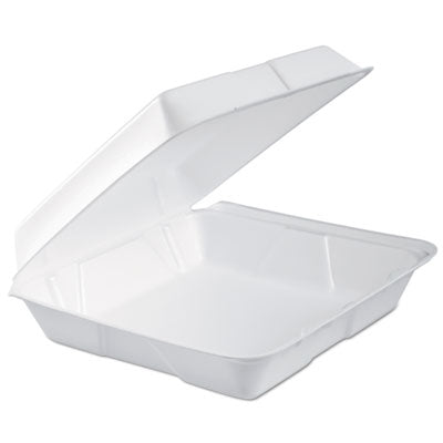 Dart® Foam Hinged Lid Containers, Performer Perforated Lid, 9.3 x 9.5 x 3, White, 100/Bag, 2 Bag/Carton Takeout Food Containers - Office Ready
