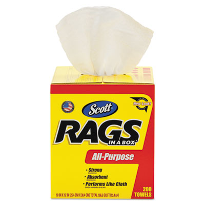 Scott® Rags in a Box, POP-UP Box, 10 x 12, White, 200/Box Towels & Wipes-Shop Towels and Rags - Office Ready