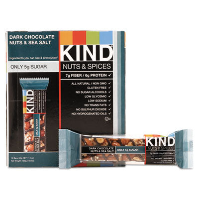 KIND Nuts and Spices Bar, Dark Chocolate Nuts and Sea Salt, 1.4 oz, 12/Box Food-Nutrition Bar - Office Ready