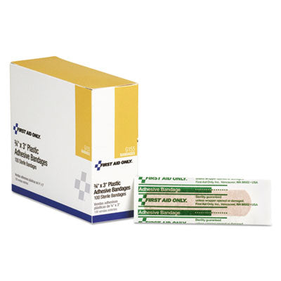 First Aid Only™ Adhesive Plastic Bandages, 3 x 0.75, 100/Box Bandages-Plastic Self-Adhesive Strip - Office Ready