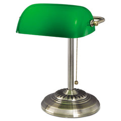 Alera® Banker's Lamp, Green Glass Shade, 10.5w x 11d x 13h, Antique Brass