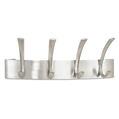 Safco® Metal Coat Rack, Steel, Wall Rack, Four Hooks, 14.25w x 4.5d x 5.25h, Brushed Nickel Clothes Racks-Wall Hook Racks & Rails - Office Ready