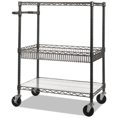 Alera® Three-Tier Wire Cart with Basket, 34w x 18d x 40h, Black Anthracite Carts & Stands-Utility Cart - Office Ready