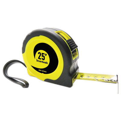 Boardwalk® Easy Grip Tape Measure, 25 ft, Plastic Case, Black and Yellow, 1/16