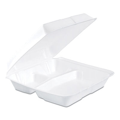 Dart® Foam Hinged Lid Containers, 3-Compartment, 9.25 x 9.5 x 3, White, 200/Carton Food Containers-Takeout Clamshell, Foam - Office Ready