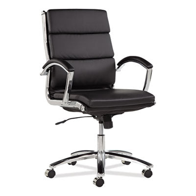 Alera® Neratoli® Mid-Back Slim Profile Chair, Faux Leather, Supports Up to 275 lb, Black Seat/Back, Chrome Base Chairs/Stools-Office Chairs - Office Ready