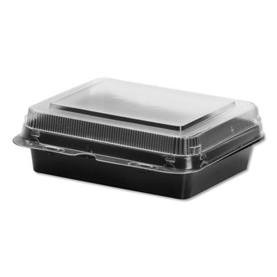 Dart® Creative Carryouts® Hinged Plastic Hot Deli Boxes, Medium Snack Box, 18 oz, 6.22 x 5.9 x 2.1, Black/Clear, 200/Carton Food Containers-Takeout Clamshell, Plastic - Office Ready