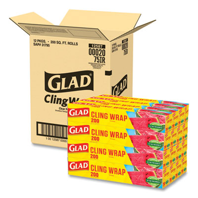 Glad® ClingWrap Plastic Wrap, 200 Square Foot Roll, Clear, 12 Rolls/Carton Plastic Wrap - Office Ready