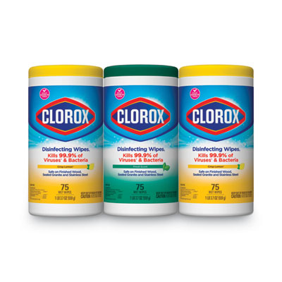 Clorox® Disinfecting Wipes, 1-Ply, 7 x 8, Fresh Scent/Citrus Blend, White, 75/Canister, 3 Canisters/Pack Cleaner/Detergent Wet Wipes - Office Ready