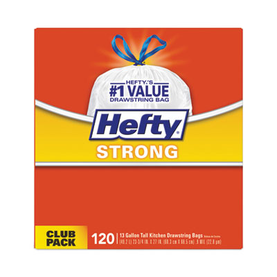 Hefty® Strong Tall Kitchen Drawstring Bags, 13 gal, 0.9 mil, 23.75