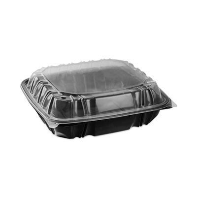 Pactiv Evergreen EarthChoice® Vented Dual Color Microwavable Hinged Lid Container, 1-Compartment 66oz, 10.5x9.5x3, Black/Clear, Plastic, 132/CT Storage Food Containers - Office Ready