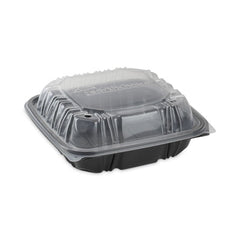 Pactiv Evergreen EarthChoice® Vented Dual Color Microwavable Hinged Lid Container, 1-Compartment, 38oz, 8.5x8.5x3, Black/Clear, Plastic, 150/CT