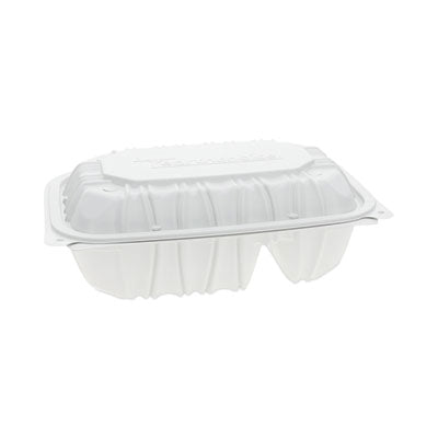 Pactiv Evergreen EarthChoice® Vented Microwavable MFPP Hinged Lid Container, 2-Compartment, 9 x 6 x 3.1, White, Plastic, 170/Carton Takeout Food Containers - Office Ready