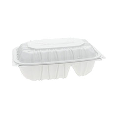Pactiv Evergreen EarthChoice® Vented Microwavable MFPP Hinged Lid Container, 2-Compartment, 9 x 6 x 3.1, White, Plastic, 170/Carton