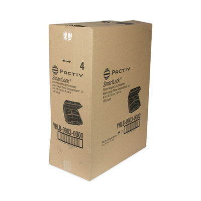 Pactiv Evergreen SmartLock® Foam Hinged Lid Container, Large, 3-Compartment, 9 x 9.5 x 3.25, Black, 150/Carton Food Containers-Takeout Clamshell, Foam - Office Ready