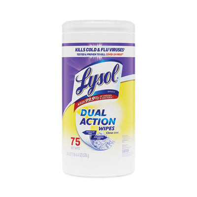 LYSOL® Brand Dual Action™ Disinfecting Wipes, 1-Ply, 7 x 7.5, Citrus, White/Purple, 75/Canister, 6 Canisters/Carton Cleaner/Detergent Wet Wipes - Office Ready